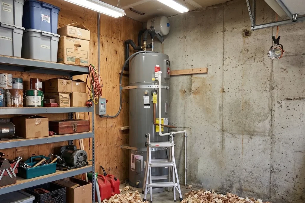 Water heater installation in Livermore workshop with tools and supplies on shelving