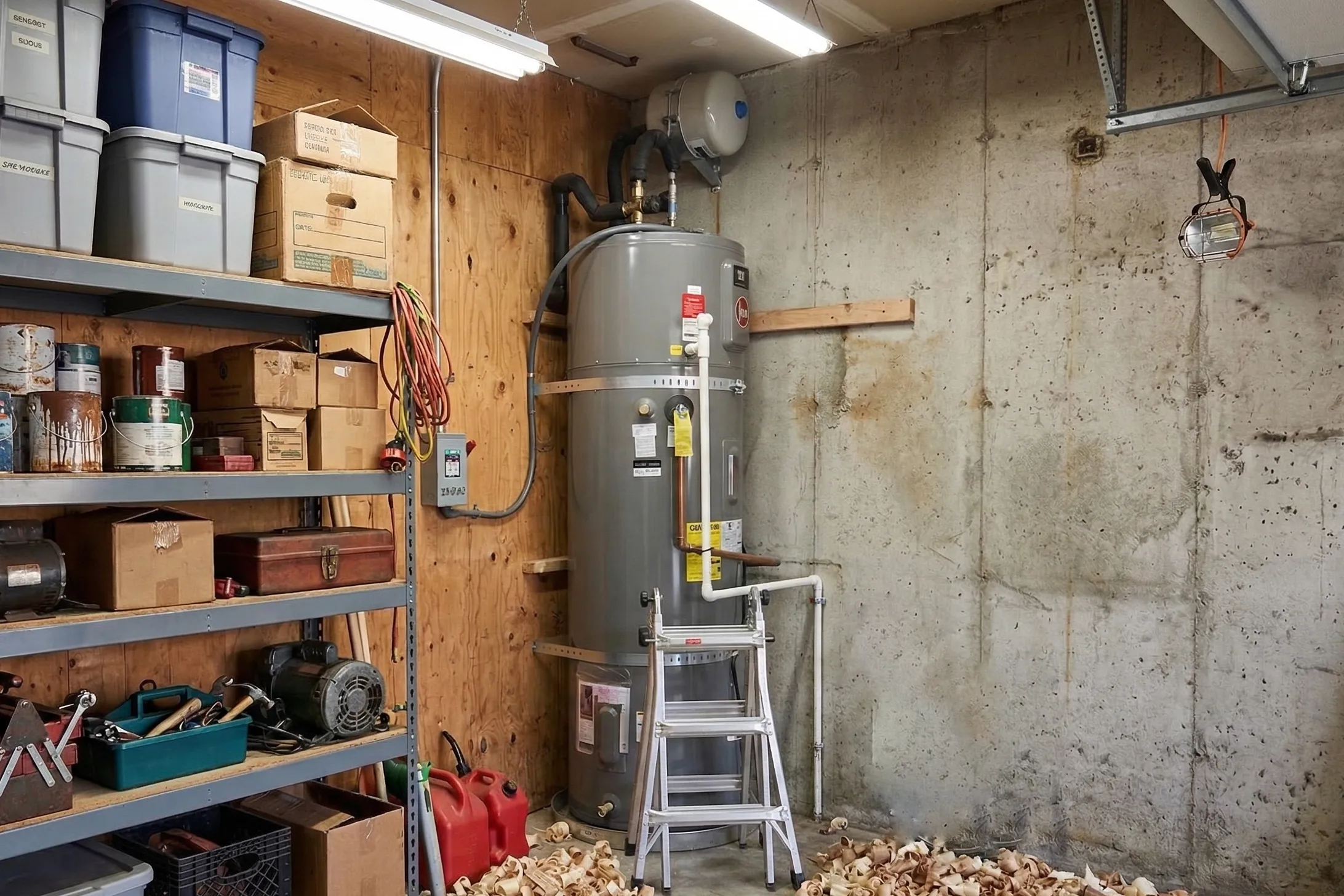 Water heater installation in Livermore workshop with tools and supplies on shelving