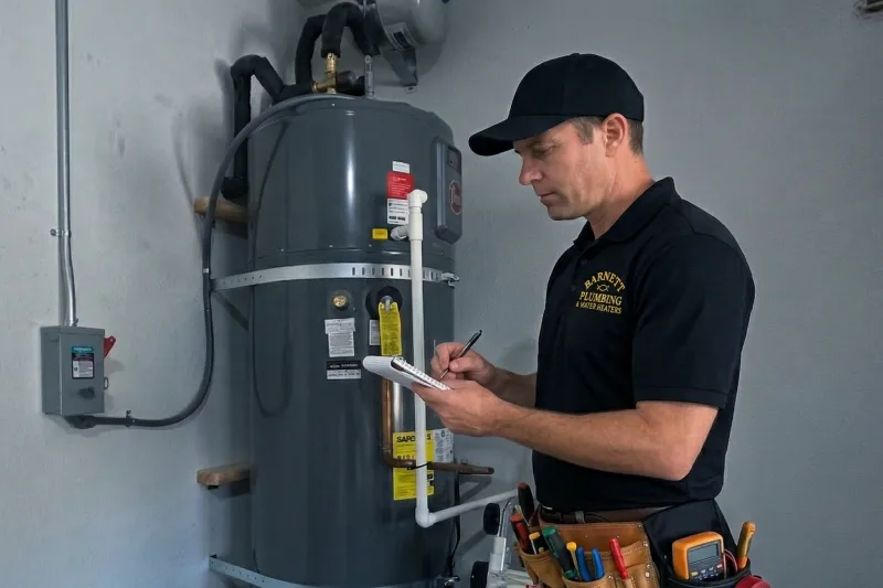 Barnett Plumbing technician inspecting heat pump water heater during installation or maintenance