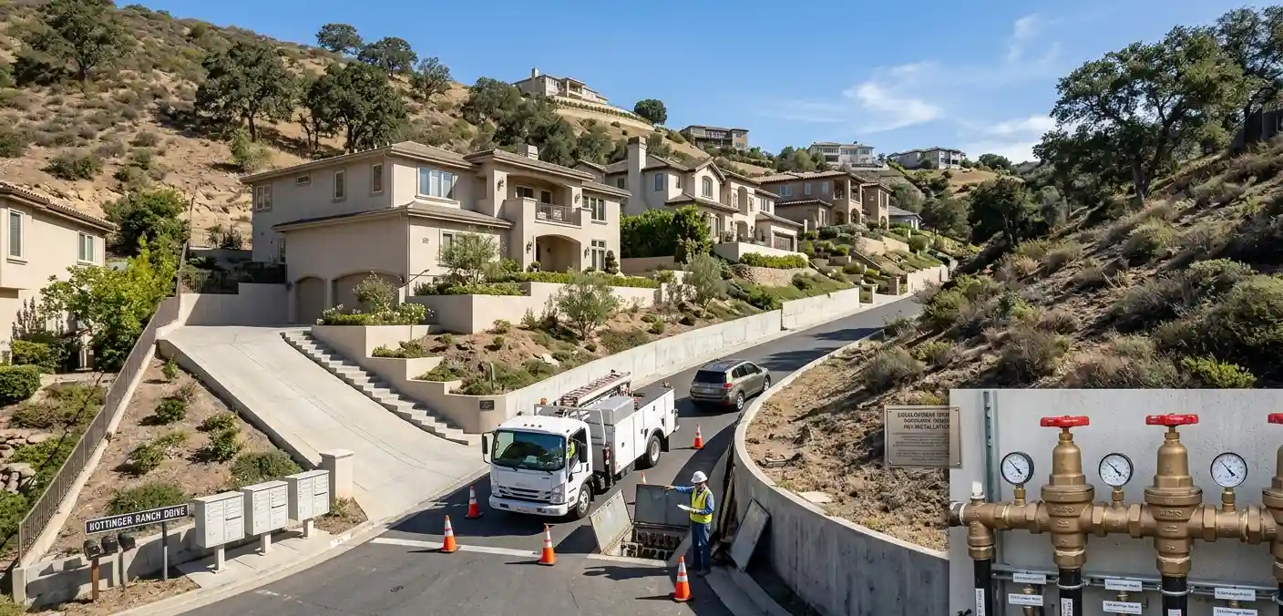 Plumbing truck servicing hillside homes with water system valves visible in foreground