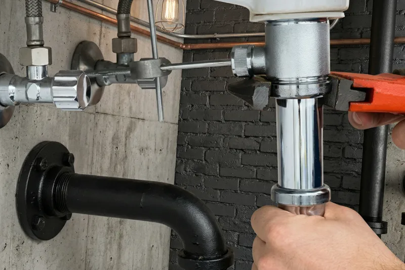 Plumber installing chrome P-trap under sink with copper and black pipes on brick wall