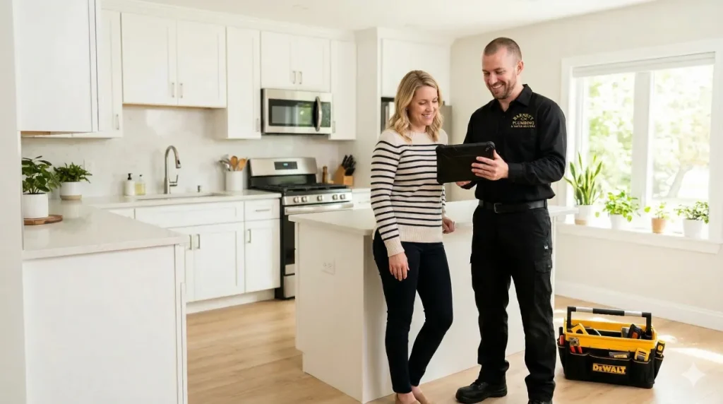 Plumber in black uniform showing tablet to homeowner in modern white kitchen with toolbox