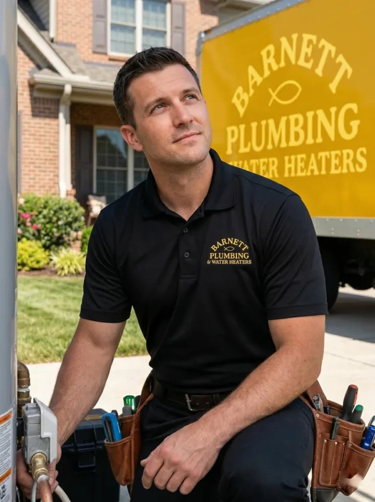 Barnett Plumbing & Water Heaters technician in black polo shirt with tool belt at residential home