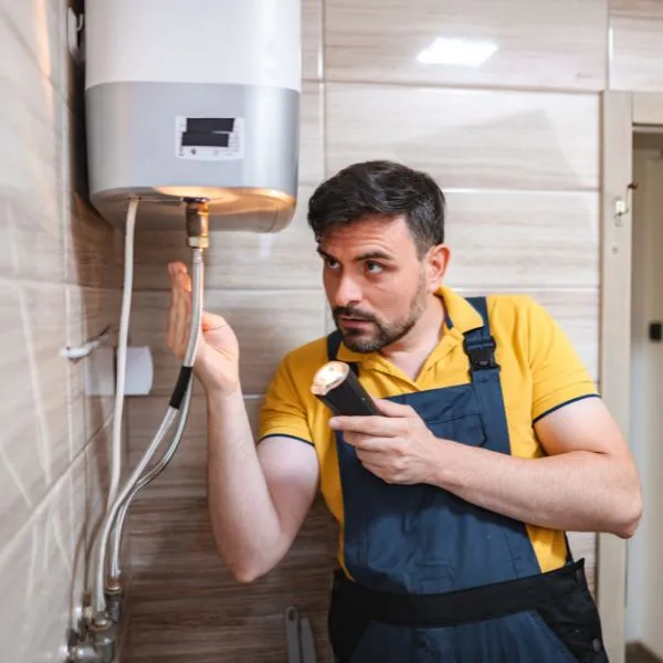 Plumber inspecting and servicing an electric water heater installation