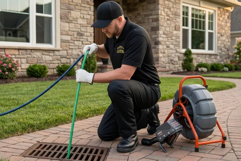 Plumber in black uniform performing drain cleaning service with professional equipment at residential home