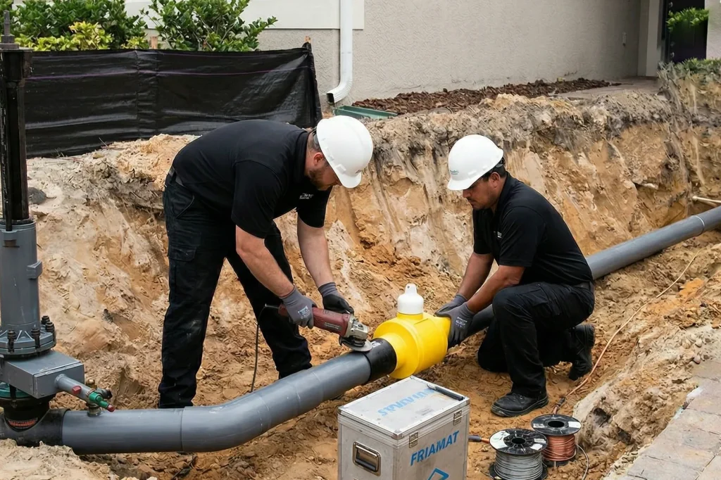 Two plumbers in white hard hats installing underground gas line with yellow valve connector in excavated trench