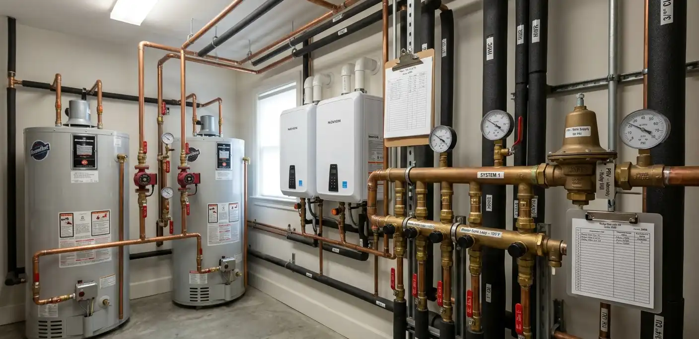 Tankless water heater system installation with copper piping, pressure gauges, and manifold controls
