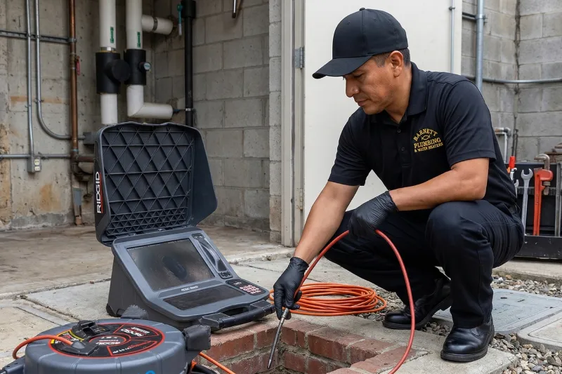 Barnett Plumbing technician performing sewer camera inspection with diagnostic equipment