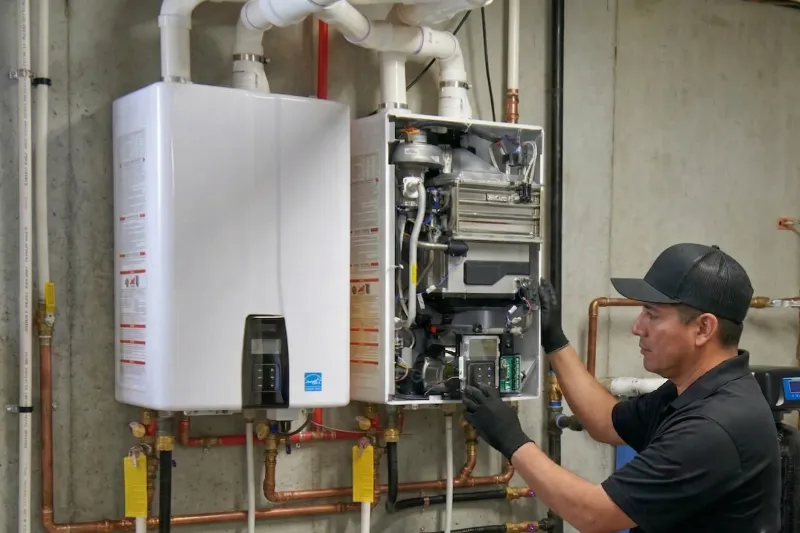 Plumber installing and servicing a tankless water heater system with open panel showing internal components