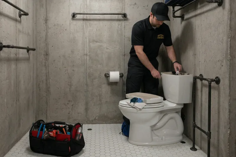 Plumber repairing toilet in bathroom with toolkit and supplies nearby