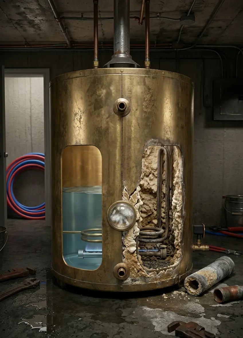 Old water heater tank with mineral buildup and corroded pipes in basement utility room