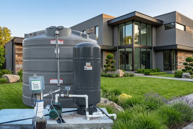 Whole-home water filtration system installed outside modern residential home with landscaping