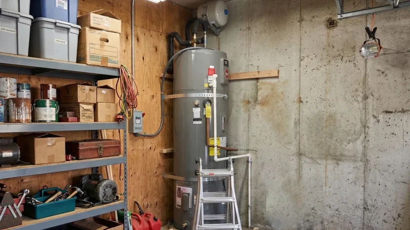 Water heater installation in Livermore workshop with tools and supplies on shelving