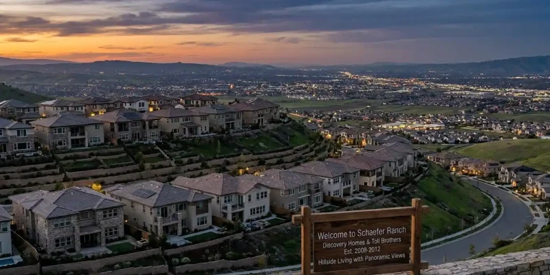 Schaefer Ranch hilltop residential community at dusk overlooking Livermore Valley