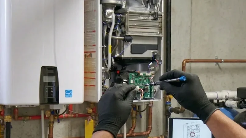 Plumber in black gloves servicing internal components of a tankless water heater during repair work