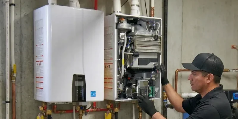 Plumber installing and servicing a tankless water heater system with open panel showing internal components