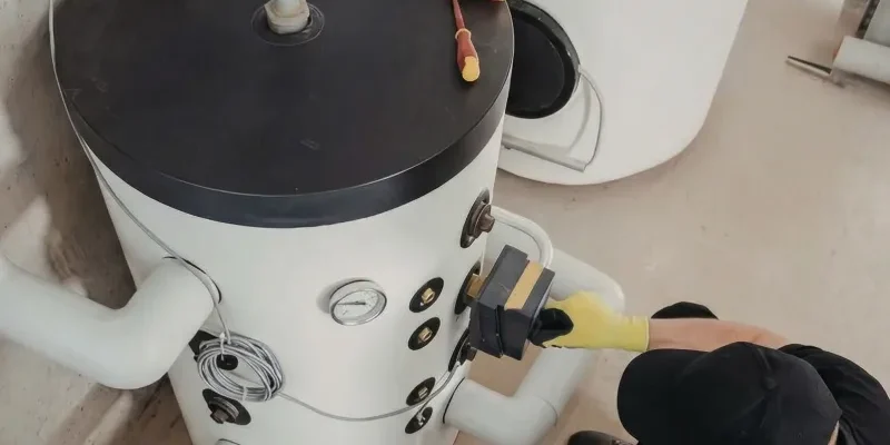 Plumber working on water heater installation and repair service