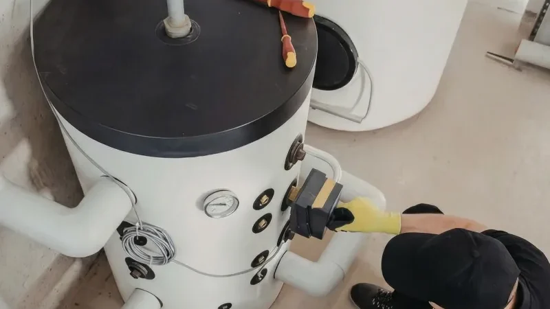 Plumber working on water heater installation and repair service